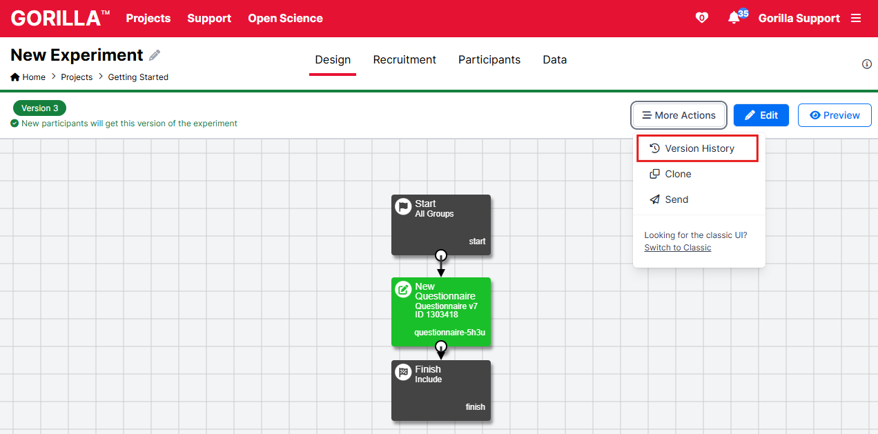 Screenshot of More Actions menu open in Experiment Builder. Version History is outlined in red