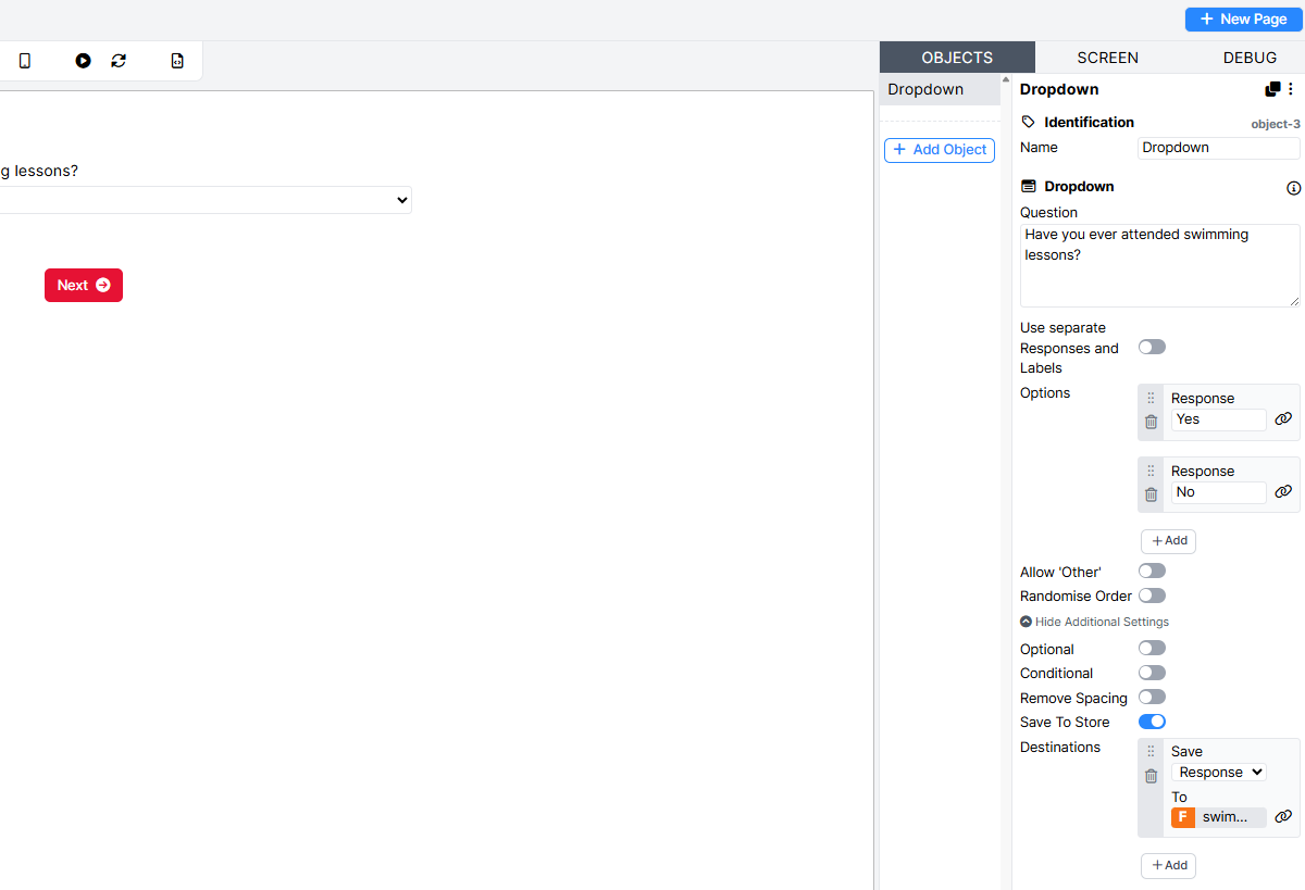 Screenshot of orange F indicating Store Field creation