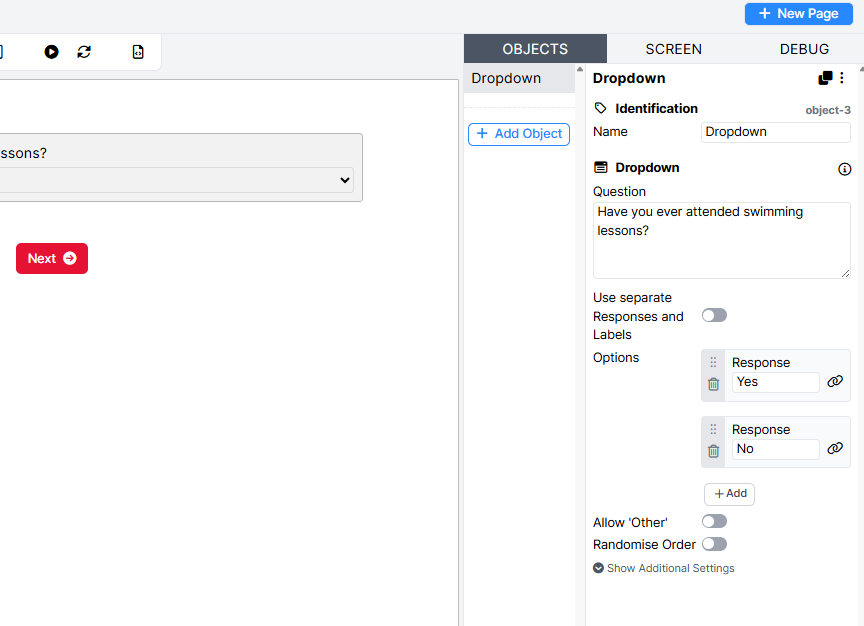 Screenshot of dropdown object with yes and no responses