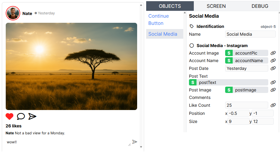 Screenshot of the custom Instagram-style Social Media component created with TB2 scripting