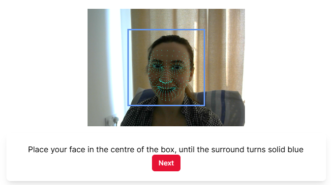 Screenshot of first phase of Webgazer calibration check, with participant's face centred in a solid blue box