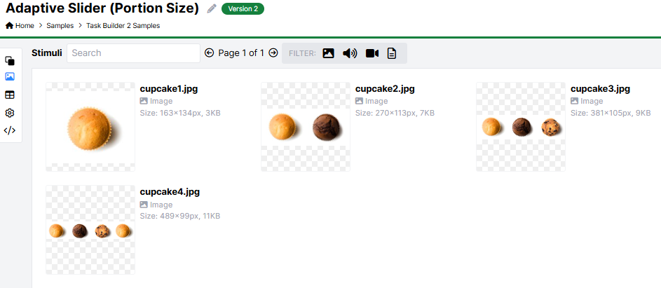 The image shows the Stimuli tab with 4 images. The images are called cupcake1.jpg, cupcake2.jpg, and continue up to cupcake4.jpg.