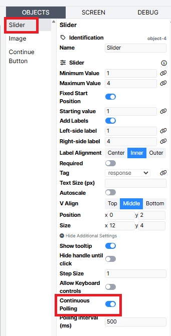 The image shows how the slider component should be set up. The continuous polling option is toggled on and highlighted.