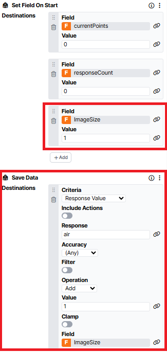 The image shows how the screen tab can be set up in the BART task. The ImageSize field has been highlighted within the Set Field On Start component, and the Save Data component has been highlighted.
