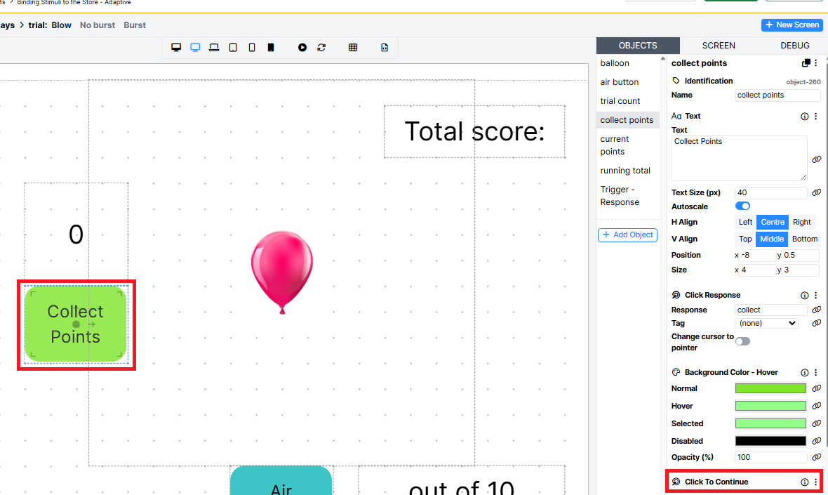 The image shows a highlighted Collect Points button with the configuration for this component. The Click To Continue object has been highlighted within the component setup.