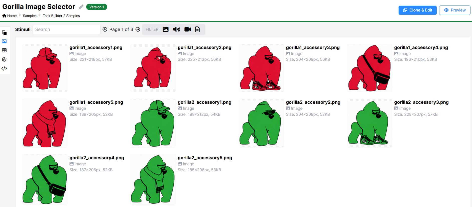 The image shows the Stimuli tab with 10 images. The images are called gorilla1_accessory1.png, gorilla1_accessory2.png, and continue up to gorilla2_accessory5.png.