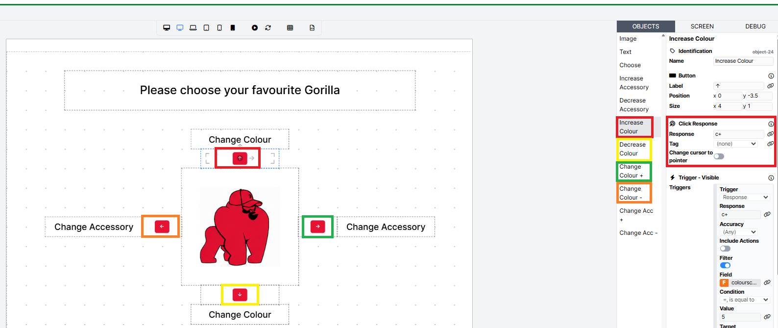The image shows how to set up the Gorilla Image Selector task. Each button has been colour-coded to make it easier to identify: the left button is highlighted in orange, the right button in green, the up button in red, and the down button in yellow. On the right-hand side of the image, you can see the configuration for the up button, with its Click Response component highlighted in red.