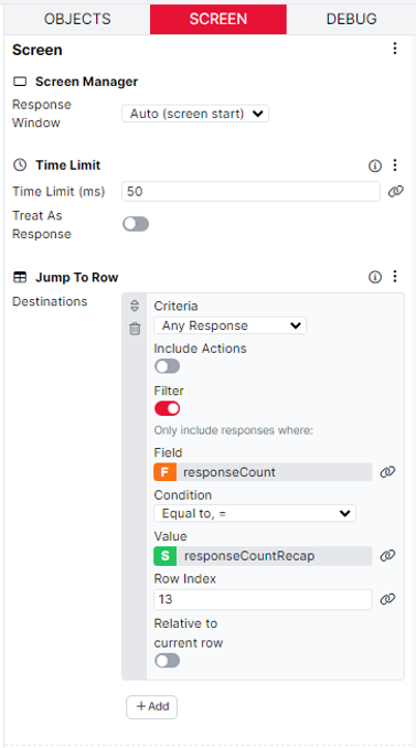 A screenshot of the Jump to Row component in the screen tab.