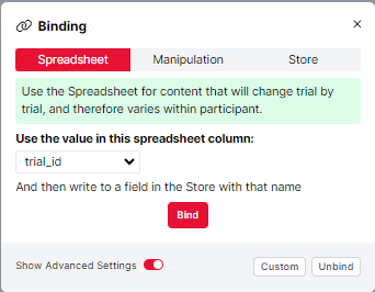 A screenshot of the advanced binding modal.