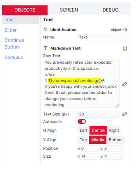 A screenshot of the Markdown Text object in the task, where the syntax ${store:spreadsheet:image} is used.