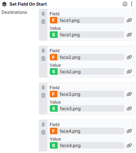 A screenshot of the Set Field on Start component. The Field face1.png is bound to the Value of the face1.png column in the spreadsheet. The same is done for face2.png, face3.png, and face4.png.
