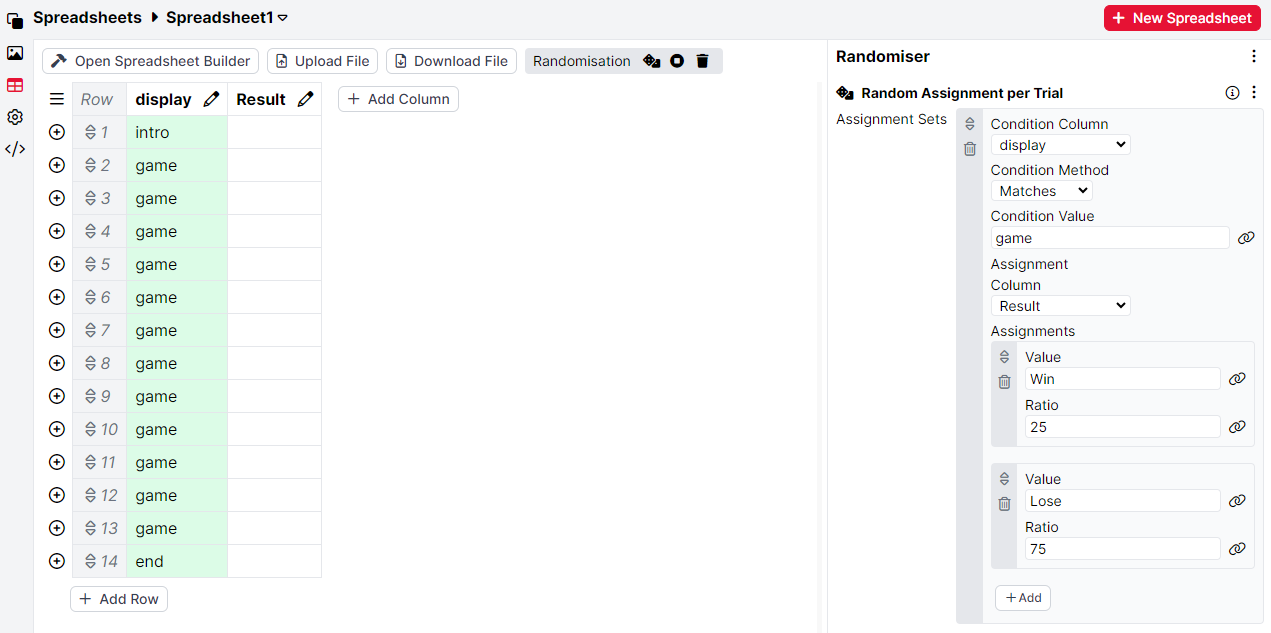 Screenshot of a 'Random Assignment Per Trial' component that sets up a 75\% Win probability