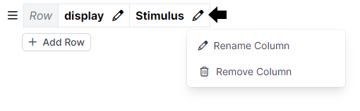Screenshot of the column menu in the Spreadsheet tab, showing options 'Rename Column' and 'Remove Column'