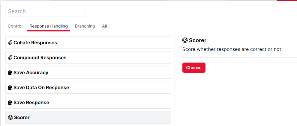 A screenshot of the Screen component menu in Task Builder 2, with the Scorer component selected.