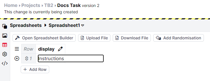 Screenshot of a spreadsheet with one cell in the display column, being edited to enter the word 'Instructions'