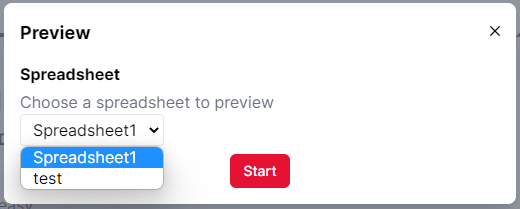 Screenshot of Task Preview dropdown spreadsheet menu, showing options 'Spreadsheet1' and 'test'
