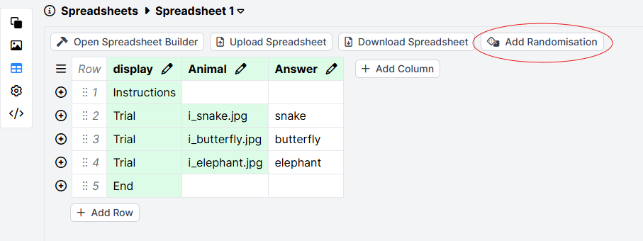 Screenshot of the task spreadsheet. The Add Randomisation button above the spreadsheet is circled