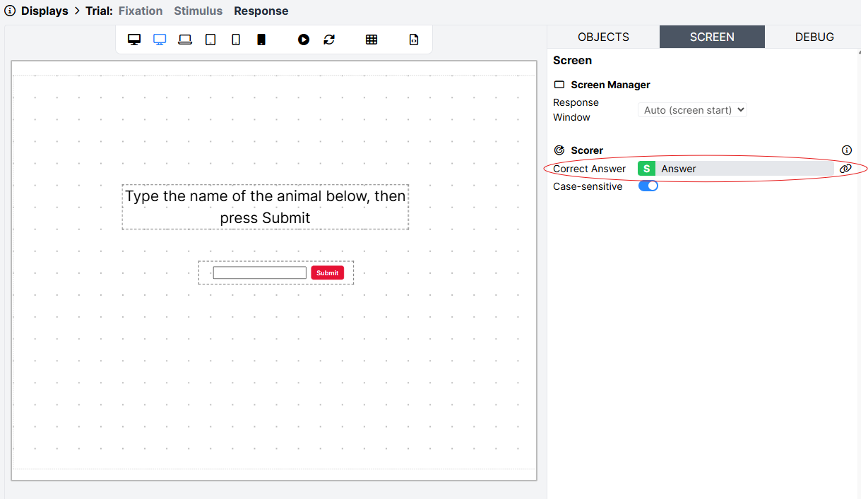 Screenshot of the Correct Answer setting of the Scorer component with a green S showing it's bound to the Answer column of the spreadsheet