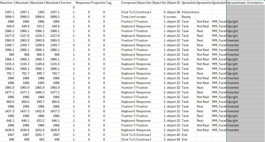 Screenshot of data file from Thatcher task. 'Spreadsheet: Orientation' column containing Upright and Inverted values is highlighted