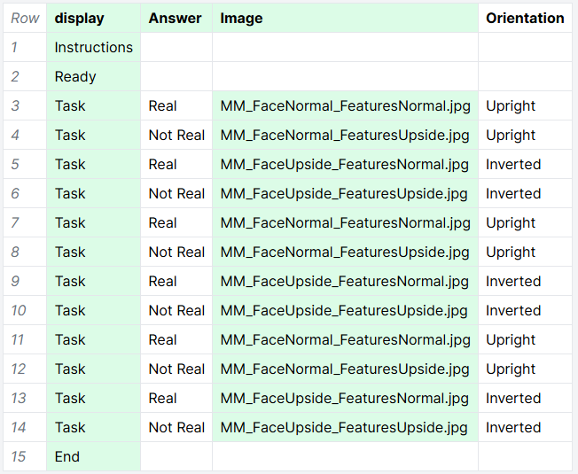 Screenshot of spreadsheet from the Thatcher Task. Column 'Orientation' lists whether each trial is Upright or Inverted