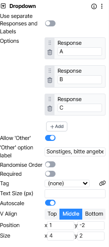 A screenshot of the Dropdown component, where the Other option label has been edited to be in German
