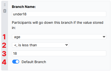 Screenshot of the Branch Node settings numbered from 1 to 4