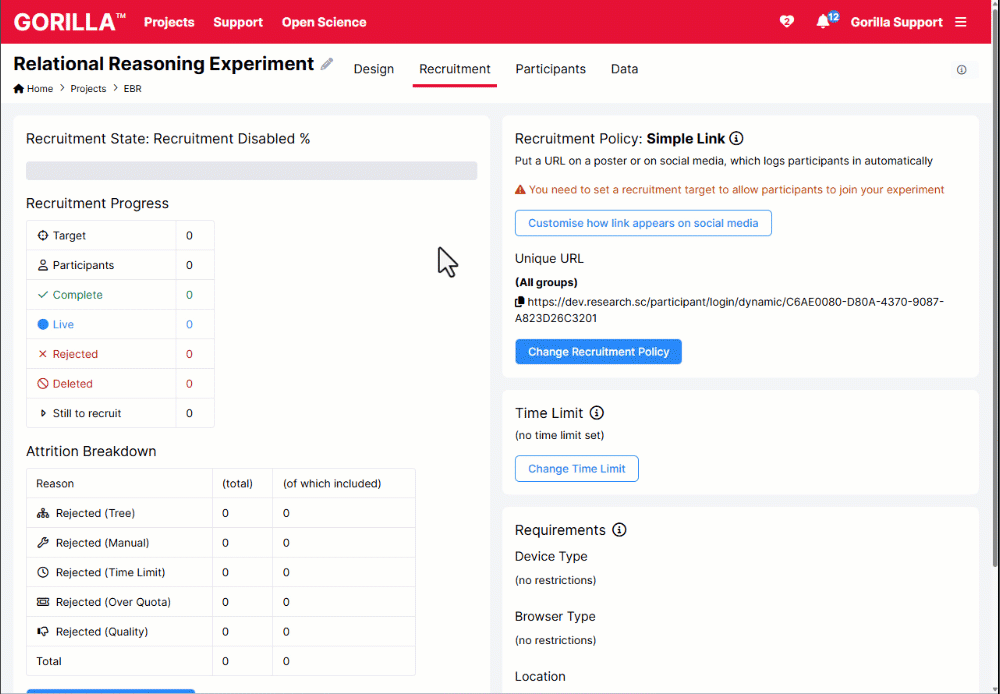GIF showing how to change the recruitment target on an experiment