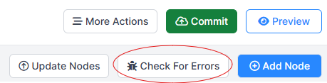 Screenshot of the top bar in the Experiment Builder. 'Check For Errors' button is circled