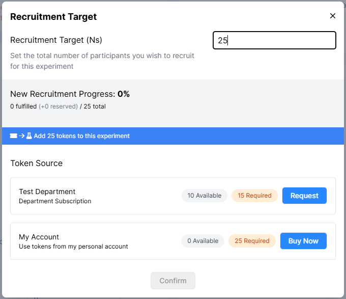 Screenshot of the Increase Recruitment Target window. Under Sources are two options to take tokens from: Test Department subscription, and My Account