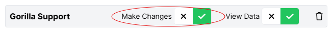 Screenshot of the Collaborate window settings. Next to the collaborator Gorilla Support, 'Make Changes' is toggled to the green tick