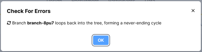 Screenshot of error message alerting user that a neverending cycle exists in their experiment, and they should use the Repeat Node instead