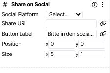 A screenshot of the Share on Social component, where the Button Label has been edited to be in German
